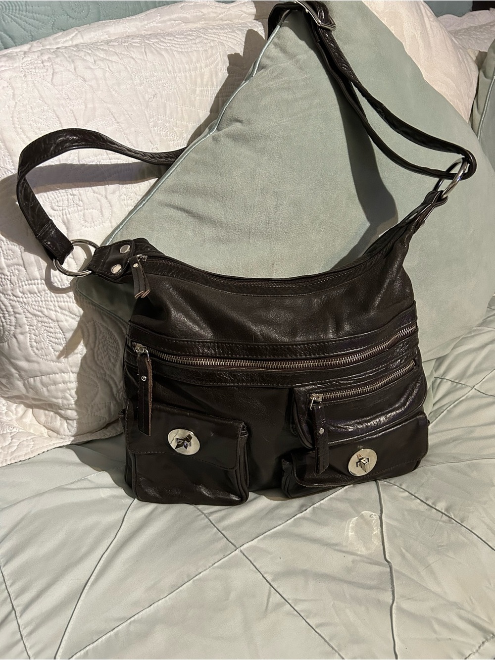 Vintage Danier Brown Leather Shoulder Bag with Front Pockets